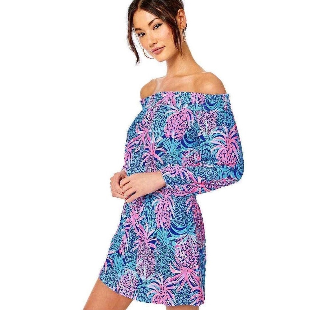 Lilly Pulitzer Romper Skort Cyla Off Shoulder Pineapple Print blue pink XS